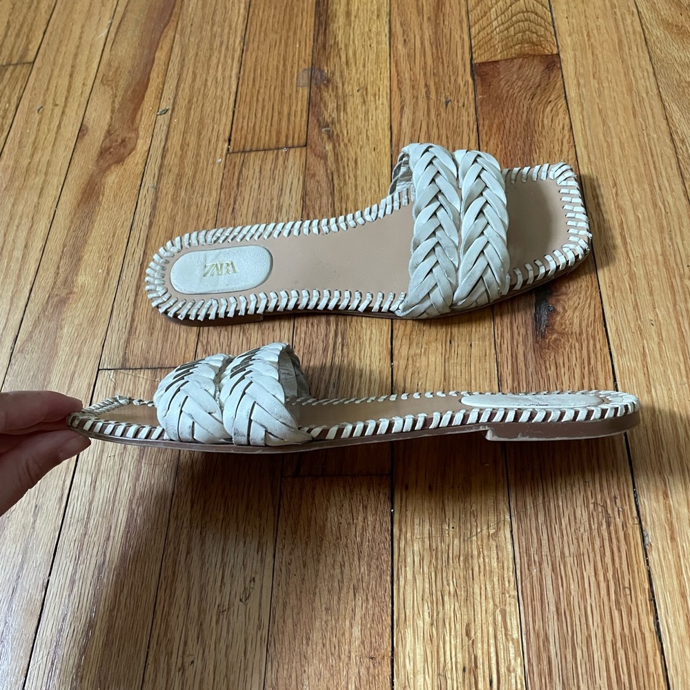 ZARA Flat Braided Leather Slider boho Sandals minimalist Ecru White Sz 39 woven